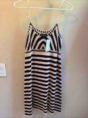 Miou Muse Black and Cream Striped Crochet Mini Dress
